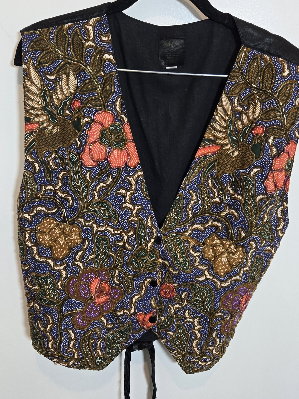 Beaded Floral Embroidered Vest - Black with Gold & Coral Accents